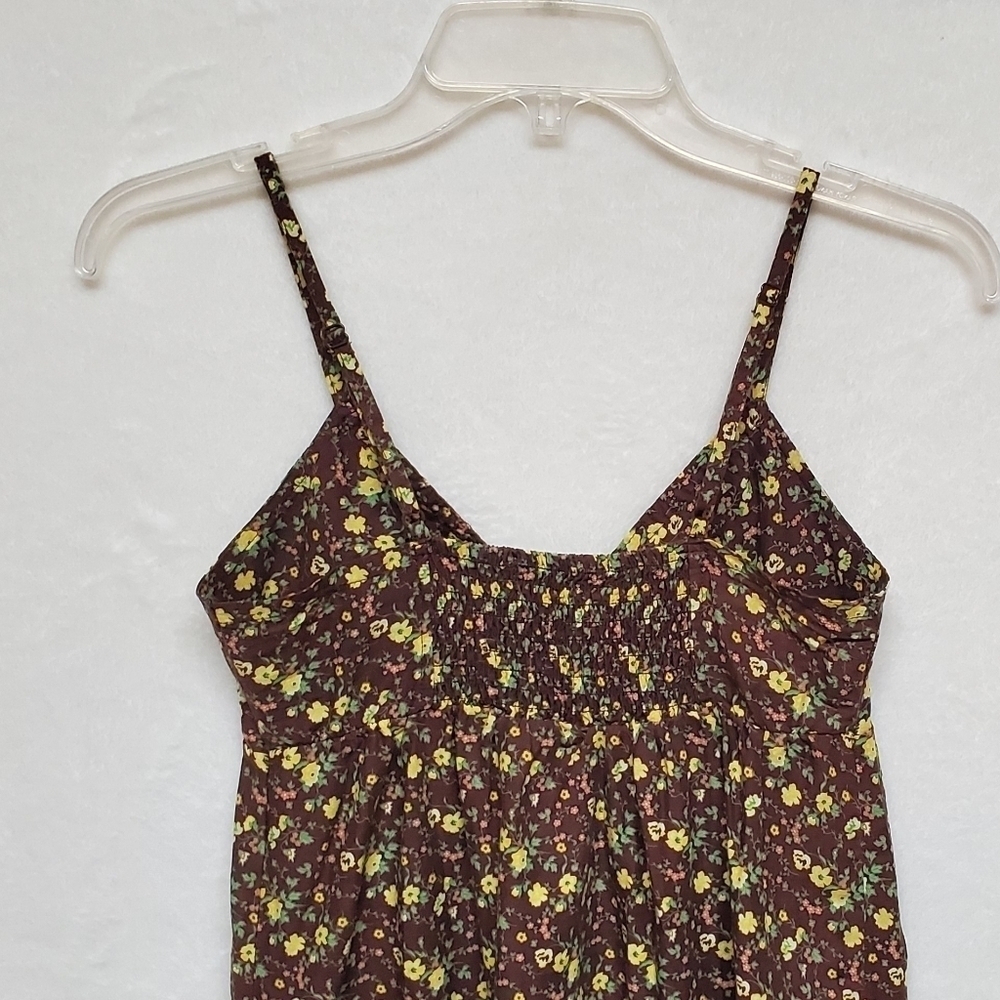 𝅺RETRO Y2K LEI Brown Yellow Ditsy Floral V-neck Pleated Mini Babydoll Dress S - Picture 9 of 14